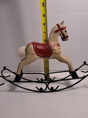 Vtg Wooden Rocking Horse Folk Art Carved Hand Painted Carousel Toy w/Rabbit Hair